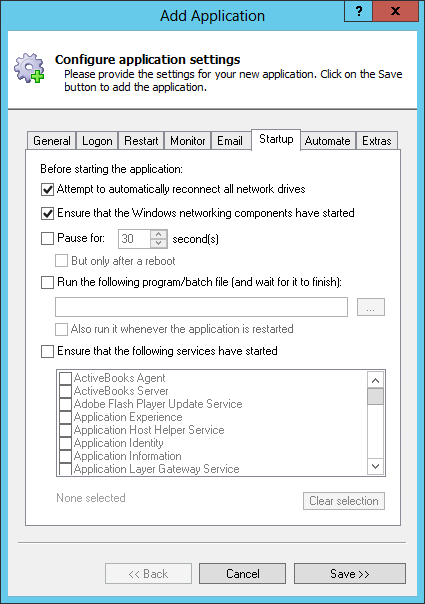 AeroFS Windows Service: Startup Tab