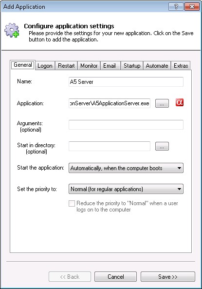 Alpha Five Application Server Windows Service: General Tab