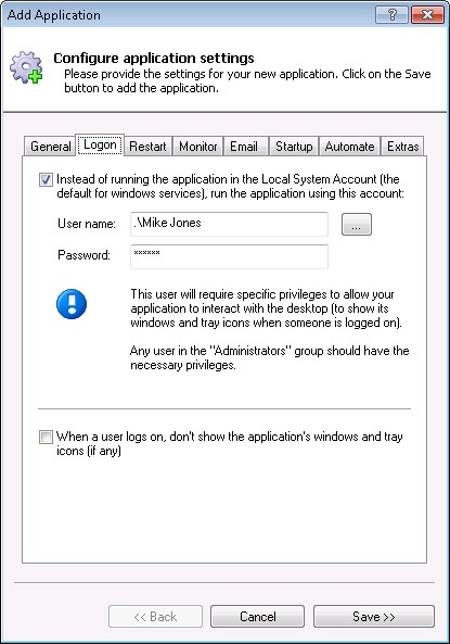 Alpha Five Application Server Windows Service: LogOn Tab