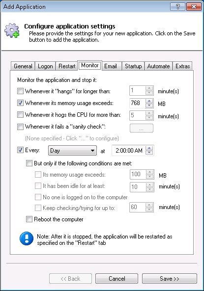 Alpha Five Application Server Windows Service: Monitor Tab