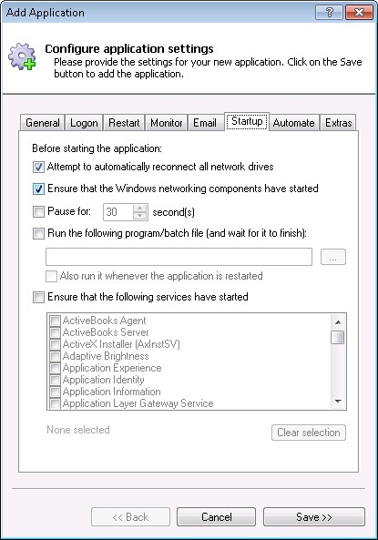 Alpha Five Application Server Windows Service: Startup Tab