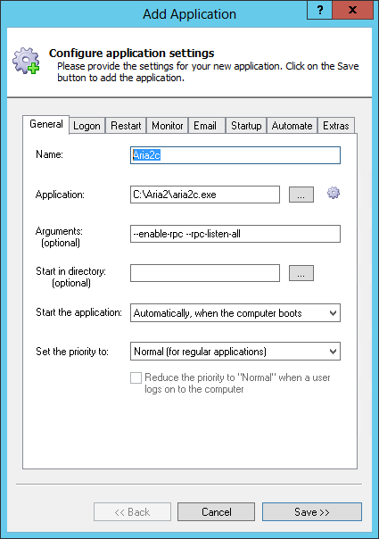 Aria2 Windows Service: General Tab