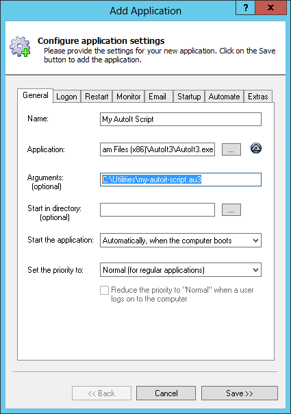 AutoIt Script Windows Service: General Tab
