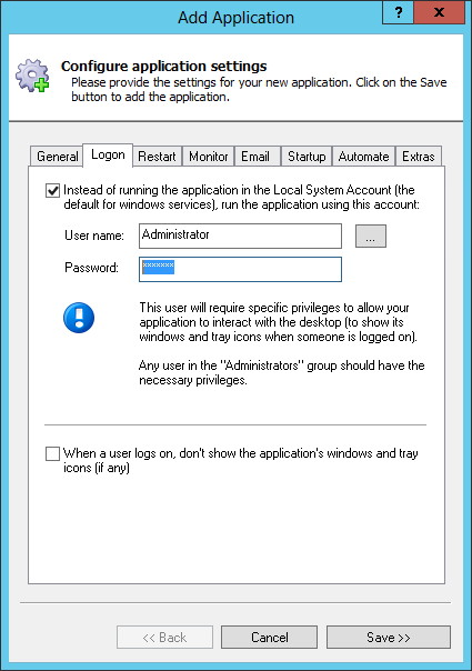 AutoIt Script Windows Service: Logon Tab