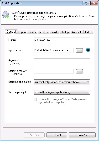 Batch File Windows Service: General Tab