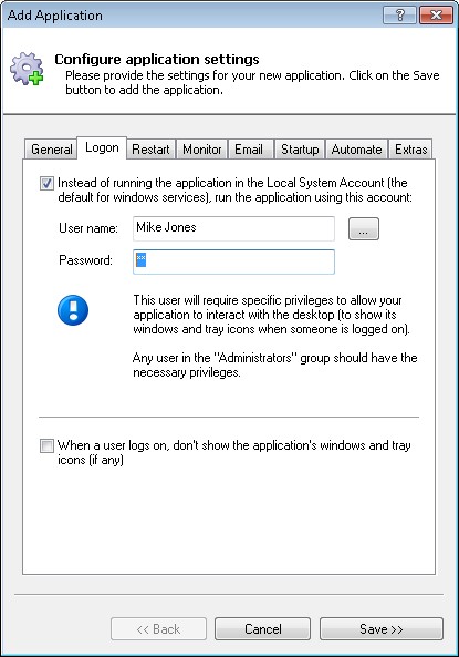 Buzof Windows Service: LogOn Tab