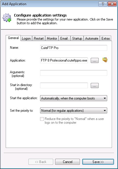 CuteFTP Windows Service: General Tab