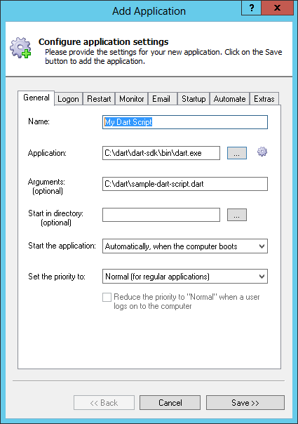 Dart Script Windows Service: General Tab