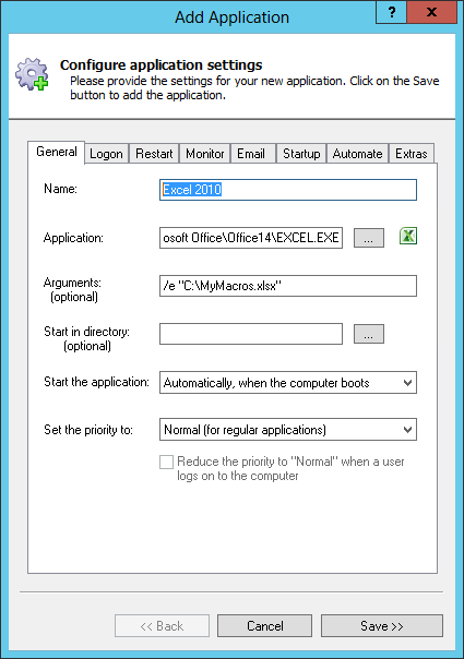 Excel 2010 Windows Service: General Tab