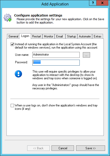 Excel 2010 Windows Service: Logon Tab