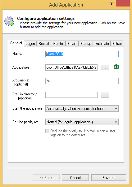 Excel 2013 Windows Service: General Tab