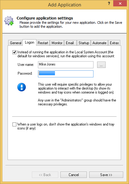 Excel 2013 Windows Service: Logon Tab
