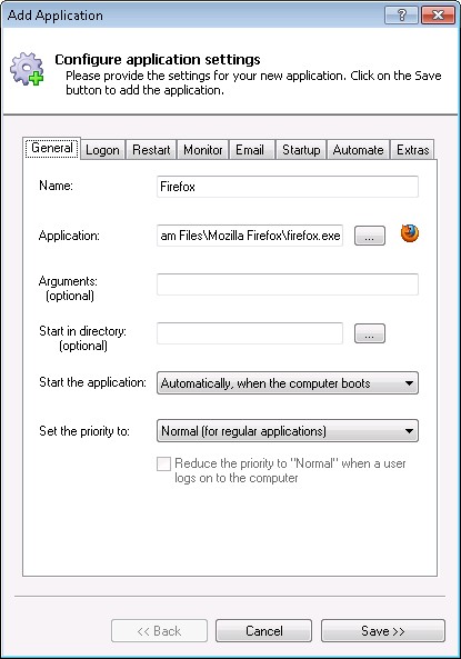 Firefox Windows Service: General Tab