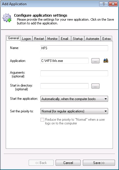 HFS Windows Service: General Tab
