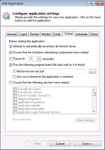 Java Windows Service: Startup Tab