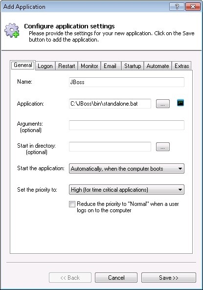 JBoss Windows Service: General Tab