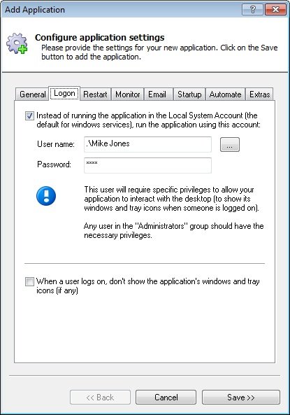 Livedrive Windows Service: Logon Tab