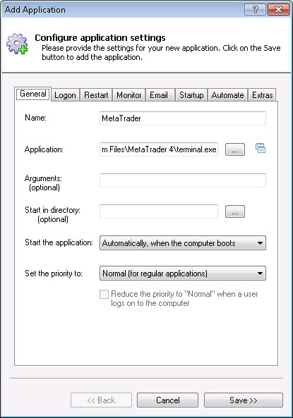MetaTrader Windows Service: General Tab