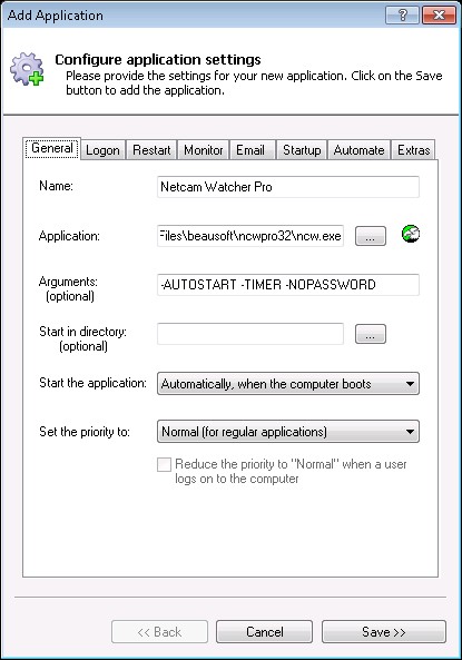 Netcam Watcher Windows Service: General Tab