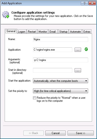 Nginx Windows Service: General Tab