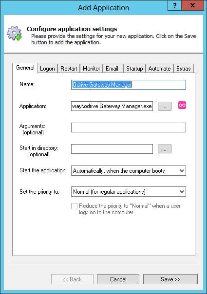 odrive Windows Service: General Tab