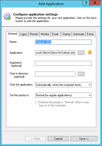 Outlook 2010 Windows Service: General Tab
