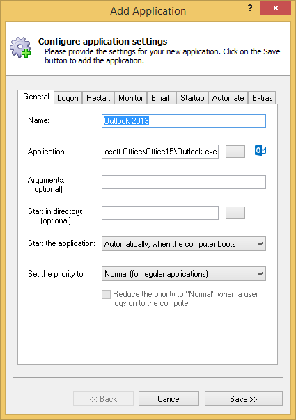 Outlook 2013 Windows Service: General Tab