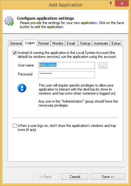 Outlook 2013 Windows Service: Logon Tab