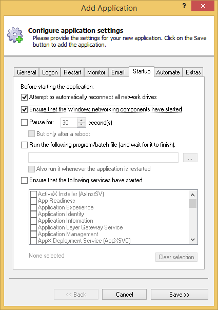 Outlook 2013 Windows Service: Startup Tab