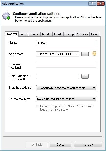 Outlook 2007 Windows Service: General Tab