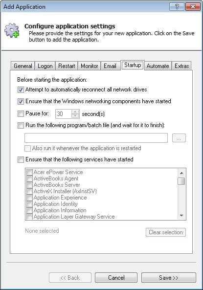Outlook 2007 Windows Service: Startup Tab