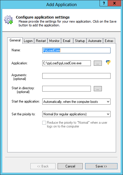 pyLoad Windows Service: General Tab