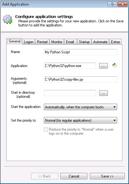 Python Script Windows Service: General Tab