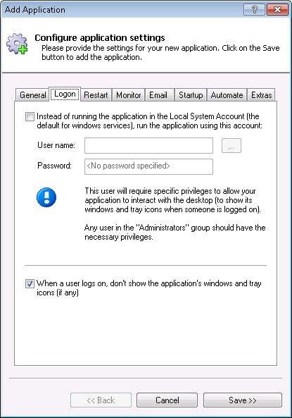 Selenium Windows Service: Logon Tab