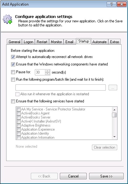 Selenium Windows Service: Startup Tab