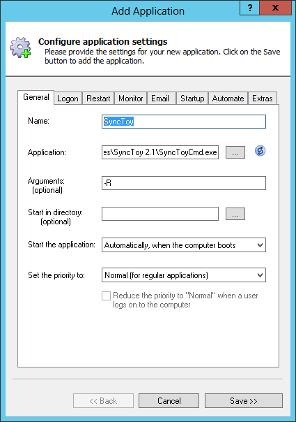 SyncToy Windows Service: General Tab