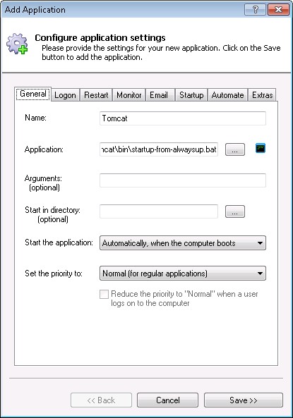 Tomcat Windows Service: General Tab