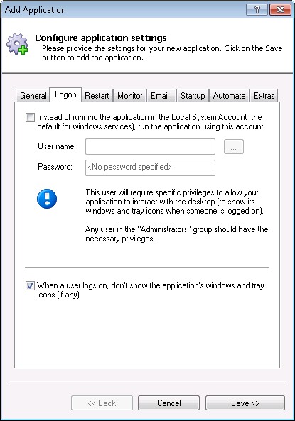 Tomcat Windows Service: Logon Tab