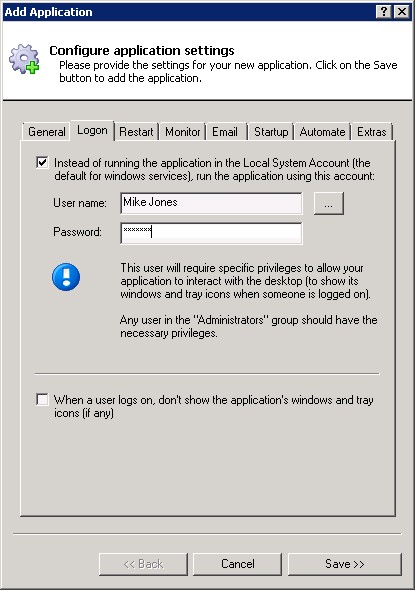 VirtualBox Windows Service: Logon Tab
