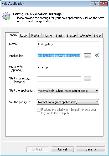 Audiogalaxy Windows Service: General Tab