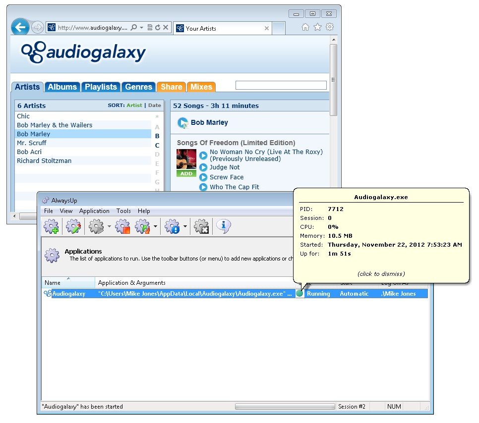 Audiogalaxy Windows Service: Running