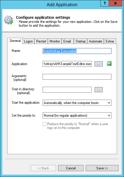 AutoHotkey Windows Service: General Tab