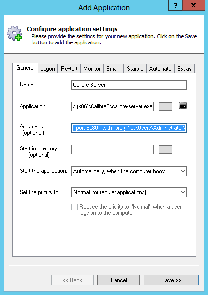 Calibre Server Windows Service: General Tab