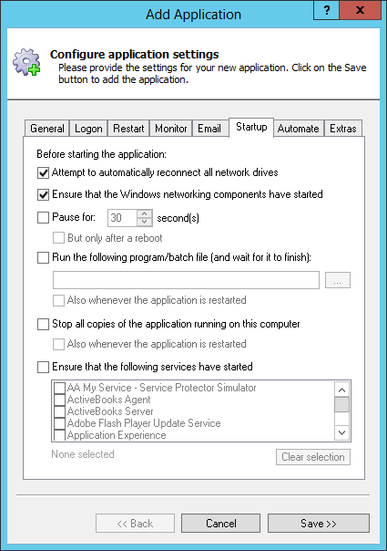 Calibre Server Windows Service: Startup Tab