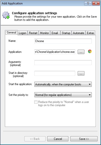 Chrome Windows Service: General Tab