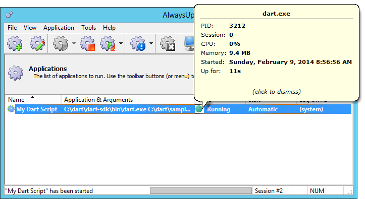 Dart Script Windows Service: Running