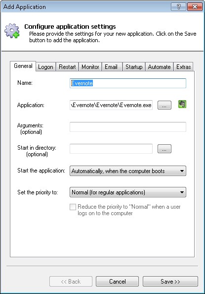 Evernote Windows Service: General Tab