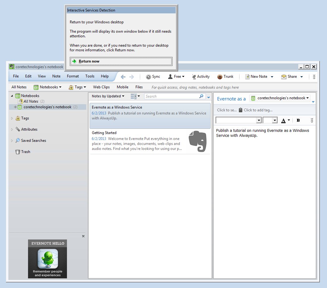 Evernote Windows Service: Running in Session 0