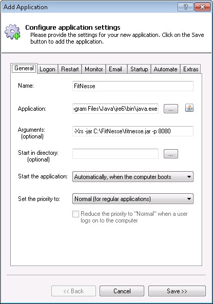 FitNesse Windows Service: General Tab