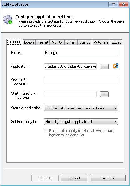 Gbridge Windows Service: General Tab